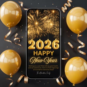 May include: A smartphone displays a New Year's greeting for 2026 with gold text and fireworks. Gold balloons and ribbons surround the phone on a dark background. The text reads "Happy New Year" and a family name.