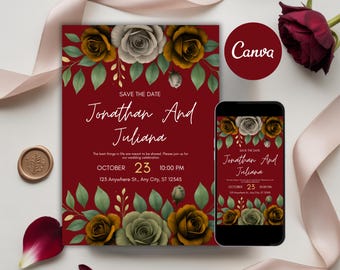 Elegant Burgundy Floral Wedding Invitation Template | Canva Editable card | Printable, Instant digital Download