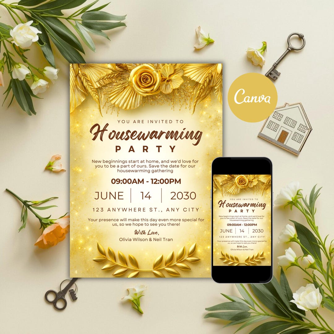 Luxe Gold Housewarming Invitation, Elegant Floral Canva Template ...