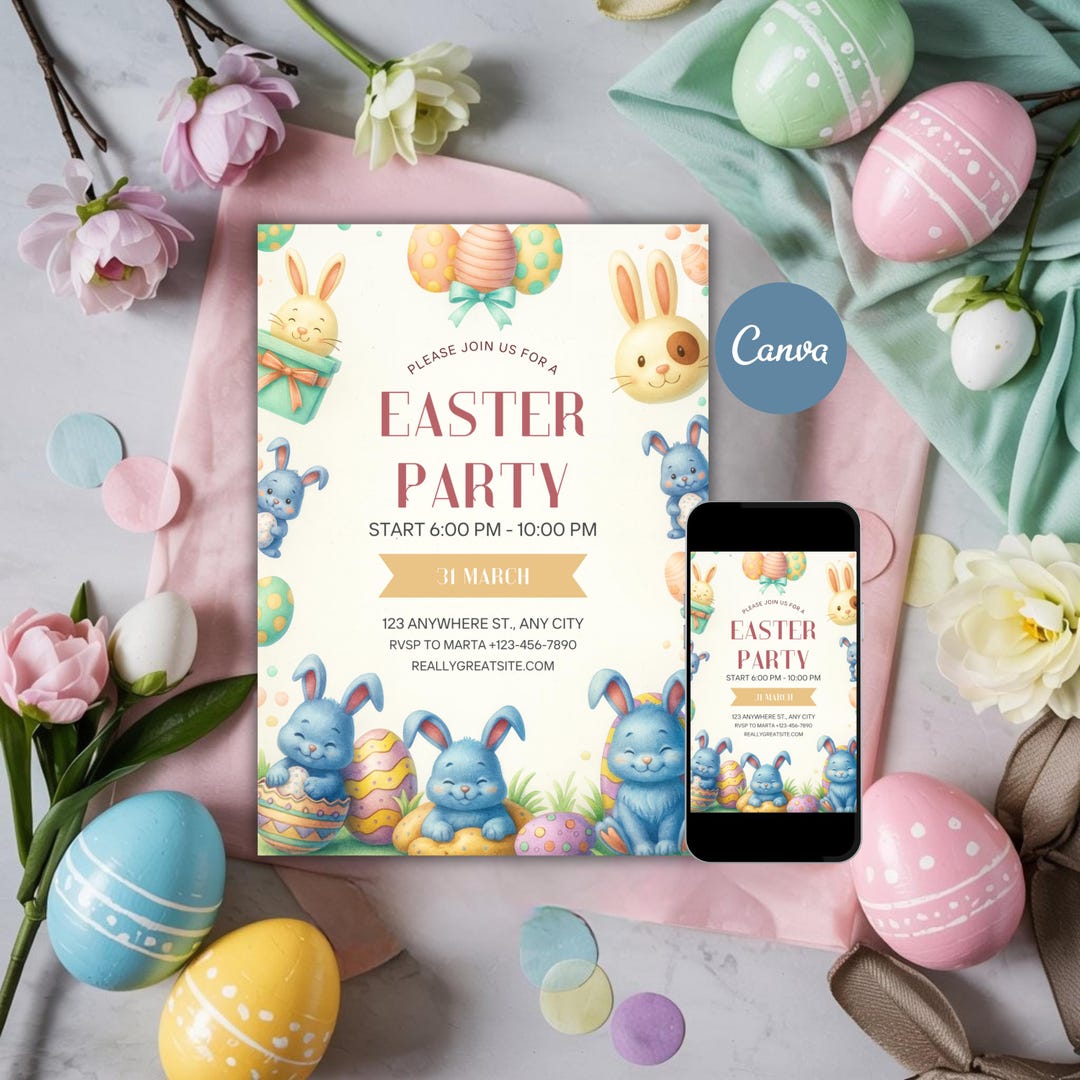 Editable Easter Party Invitation, Watercolor Bunnies & Eggs (digital ...