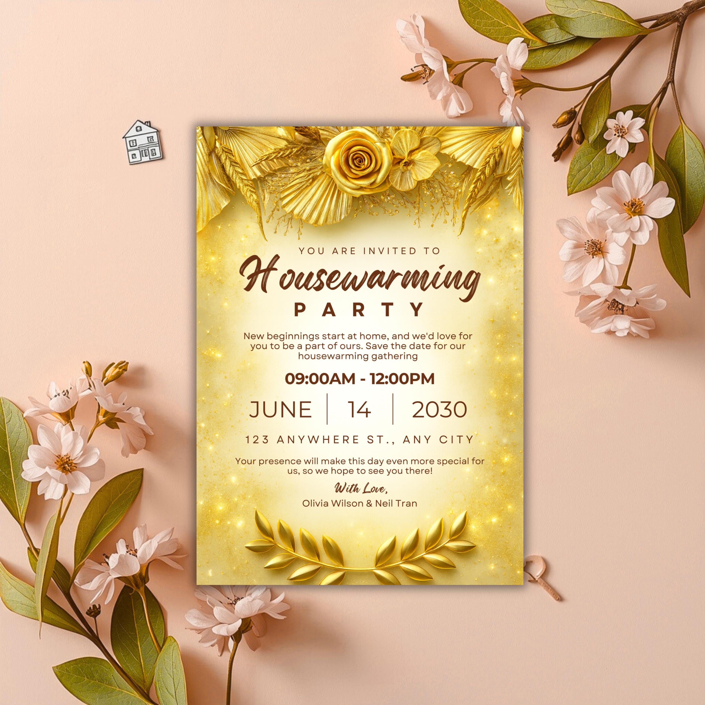 Luxe Gold Housewarming Invitation, Elegant Floral Canva Template ...