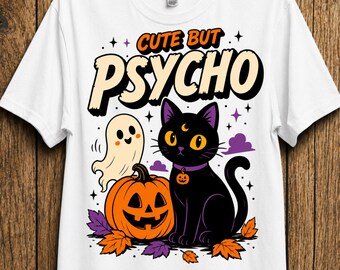Süß aber Psycho Tshirt, Halloween Katze Shirt, lustige Katze T-Shirt, schwarze Katze Halloween Geschenk, gruselige Saison T-Shirt Frauen, süßes Kürbis Geist Shirt