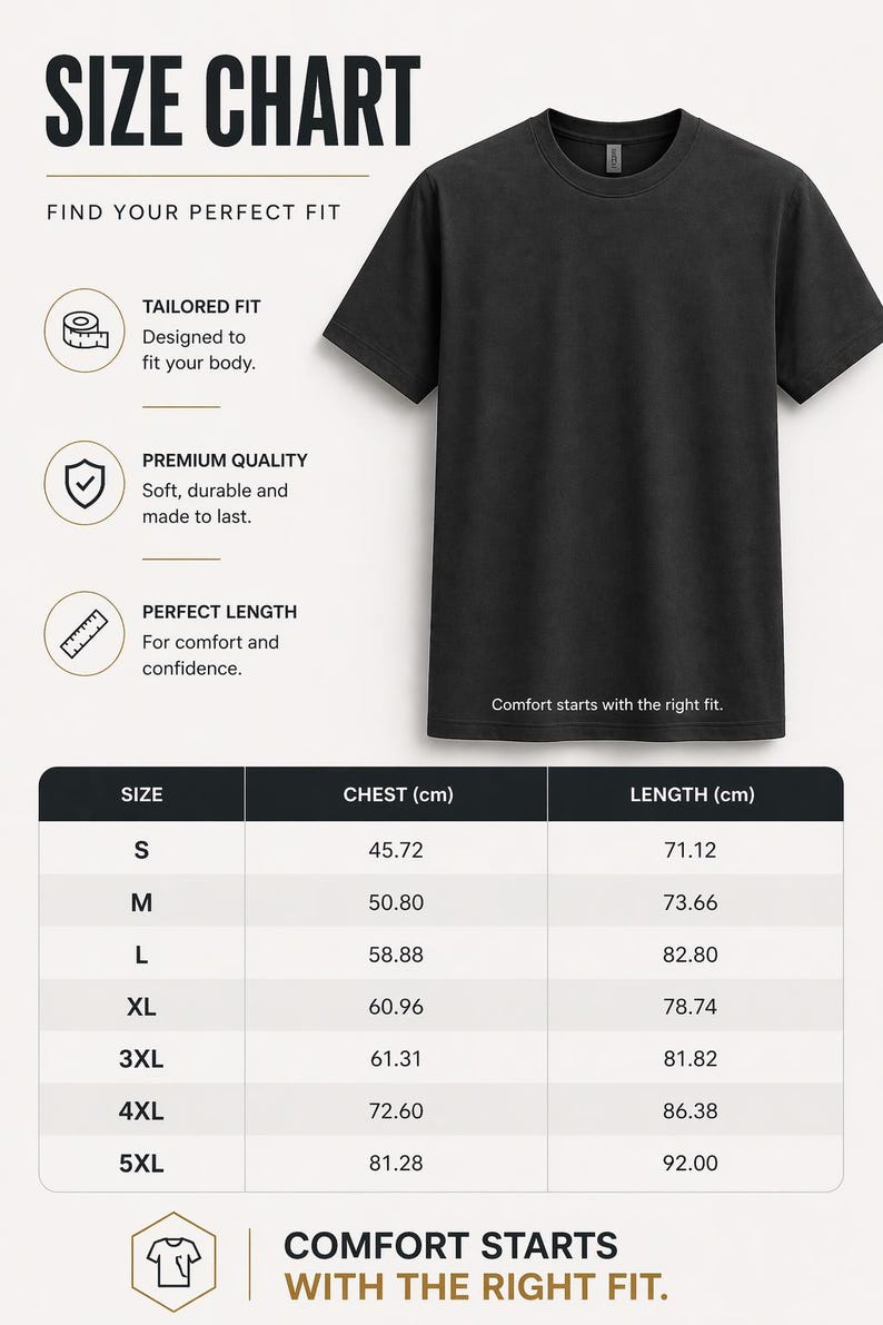 K&ouml;nnte beinhalten: Ein schwarzes T-Shirt mit einer Gr&ouml;&szlig;entabelle. Die Tabelle listet Brust- und L&auml;ngenma&szlig;e in Zentimetern f&uuml;r die Gr&ouml;&szlig;en S bis 5XL auf. Der Text "Komfort beginnt mit der richtigen Passform" wird ebenfalls angezeigt.