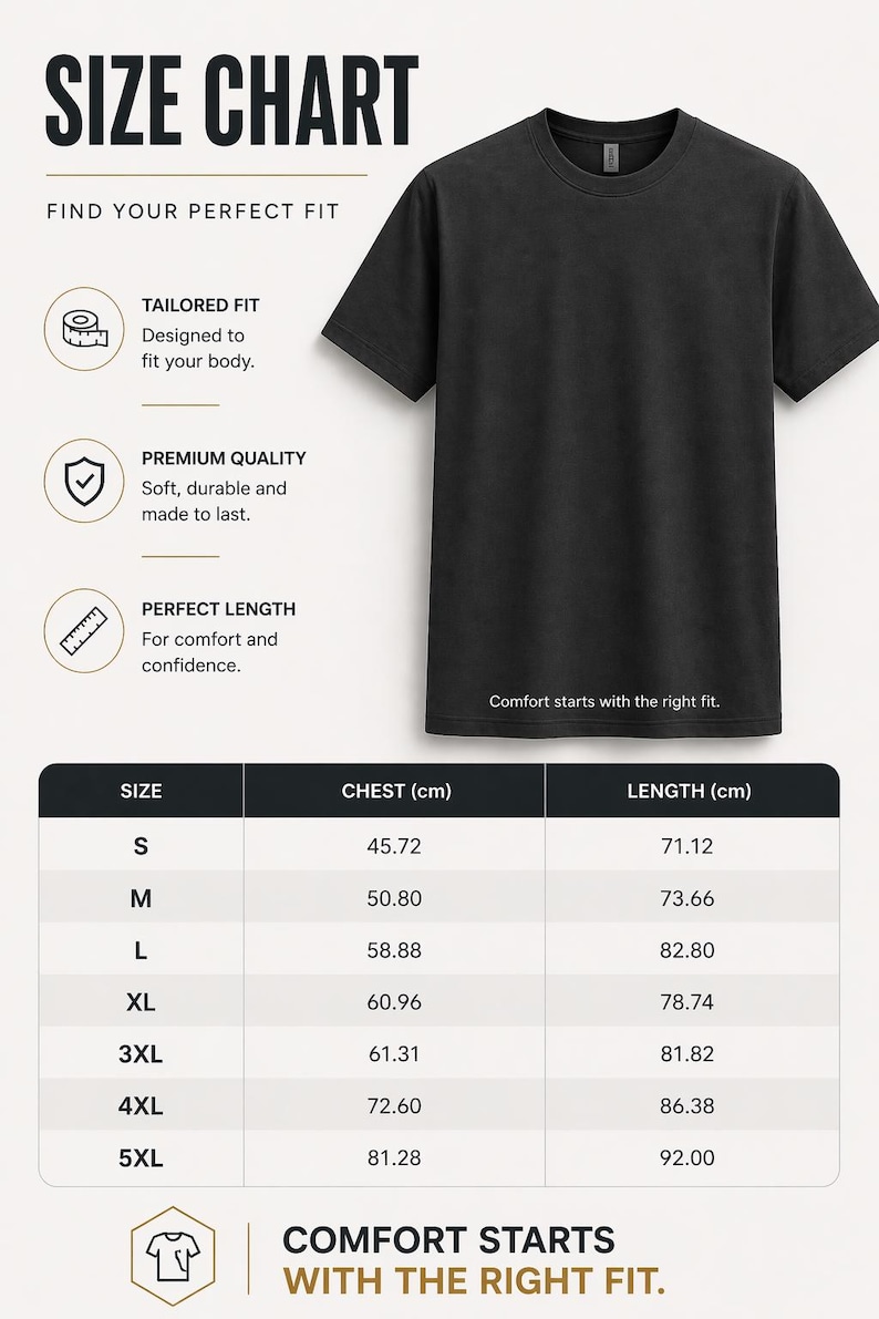 May include: A black t-shirt with a size chart. The chart lists chest and length measurements in centimetres for sizes S through 5XL. The text "Comfort starts with the right fit" is also displayed.