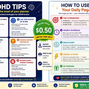 May include: A digital planner with ADHD tips and daily page instructions. The design features a blue and purple color scheme with white text, including sections on time management, rewards, and mood tracking.