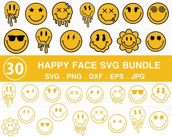 30 Groovy Smiley Face SVG Bundle, Retro Emoji Designs (Digital Download)