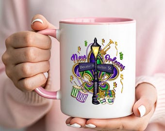 New Orleans Bourbon Street Mug - Decatur St Coffee Cup - Mardi Gras Party Gift - French Mug - NOLA Street Sign Gift - Carnival Mask Mug