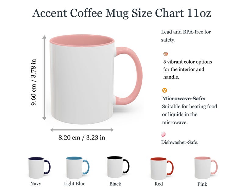 The image is a chart that provides information about the size of a coffee mug. It includes the dimensions of the mug, the color options available, and the safety features of the mug.