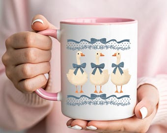 Coquette Duck Trio Mug - Blue Bow Cottagecore Coffee Cup - Cute Farmhouse Aesthetic Tea Tumbler - Retro Goose Ribbon Mug