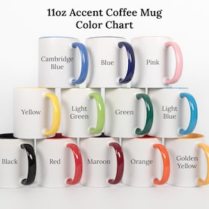 A color chart displaying the color options for 11 oz accent coffee mugs, with each mug having a different color handle.