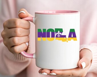 NOLA Mardi Gras Mug - New Orleans Coffee Cup - Louisiana Map Gift - Fleur De Lis Mug - Fat Tuesday Gift - NOLA Souvenir Mug - Carnival Cup