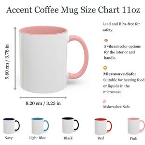 The image is a chart that provides information about the size of a coffee mug. It includes the dimensions of the mug in centimeters and inches, as well as the color options available for the interior and handle.