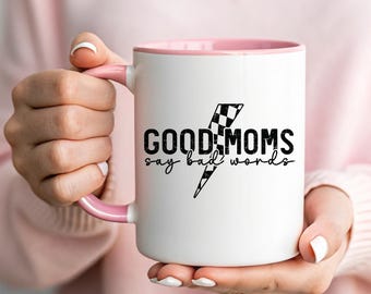 Funny Mom Mug | Good Moms Say Bad Words | Sarcastic Coffee Cup | Mommy Humor Gift | Lightning Checkered Design