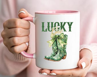 Lucky Girl Mug | St Patricks Day Coffee Cup | Western Cowboy Boot Mug | Trendy Coquette Aesthetic Gift | Lucky Charm Green Ceramic Mug