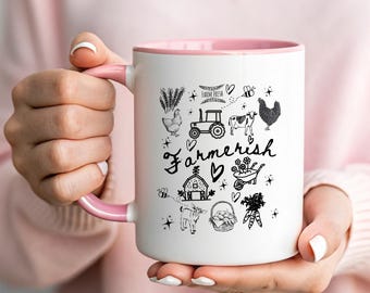 Farmerish Cottagecore Mug | Pink Farm Fresh Aesthetic Coffee Cup | Cow Chicken Tractor Barn Decor | Country Life Gift | Modern Farmhouse Mug