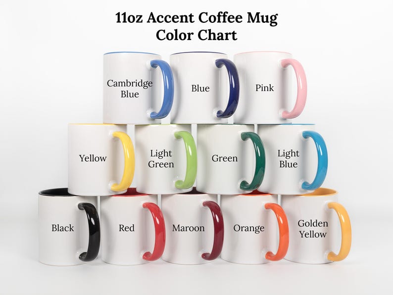 A color chart displaying various colored coffee mugs with their corresponding names.