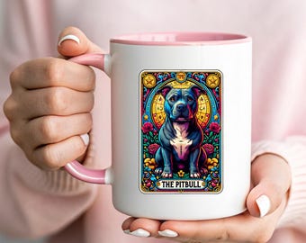 The Pitbull Tarot Card Mug - Mystic Dog Lover Gift - Pitbull Mom Coffee Cup - Celestial Pet Art - Hippie Boho Witchy Pit Bull Decor