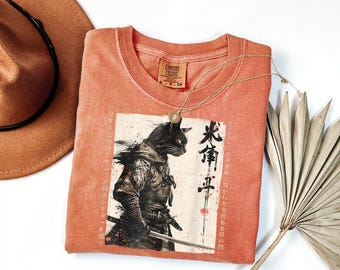 Samurai Cat Comfort Colors Shirt: Japanese Warrior Tee