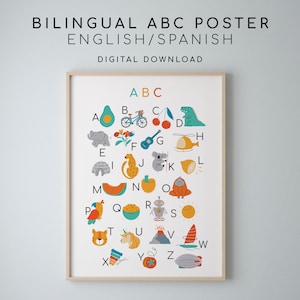 Bilingual Alphabet print download, nursery art, Kids, Montessori, Educational ABC poster English Spanish - Hand-illustrated