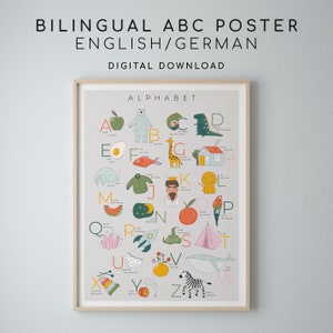 Zweisprachiger Alphabet-Druck-Download, Kinderzimmerkunst, Kinder, Montessori, pädagogisches ABC-Poster Englisch Deutsch – handillustriert
