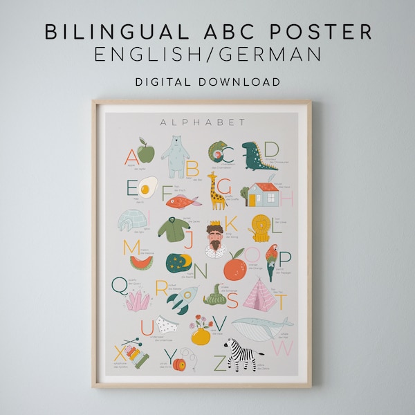 Bilingual Alphabet print download, nursery art, Kids, Montessori, Educational ABC poster English German - Hand-illustrated