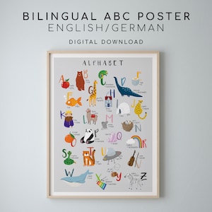 Zweisprachiges Alphabet Poster Download, Kinderzimmer Kunst, Kinder, Montessori, Lern-ABC, Poster englisch deutsch - handillustriert