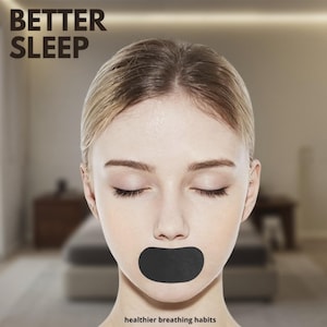 May include: A woman with closed eyes and a black mouth strip. The image has the text "BETTER SLEEP" at the top left and "healthier breathing habits" at the bottom. The background is blurred, suggesting a bedroom setting.