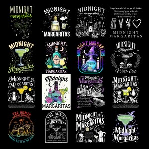 May include: A selection of sixteen graphic designs, some in colour, others in black and white, featuring the words "Midnight Margaritas" and cocktail-related illustrations, including bottles and witchy themes.