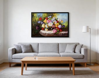 Vintage Pink Peony Floral Oil Painting Hand Painted Framed Canvas Wall Art Decor