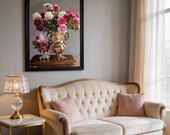 Vintage Pink Peony Floral Oil Painting Hand Painted Framed Canvas Wall Art Decor