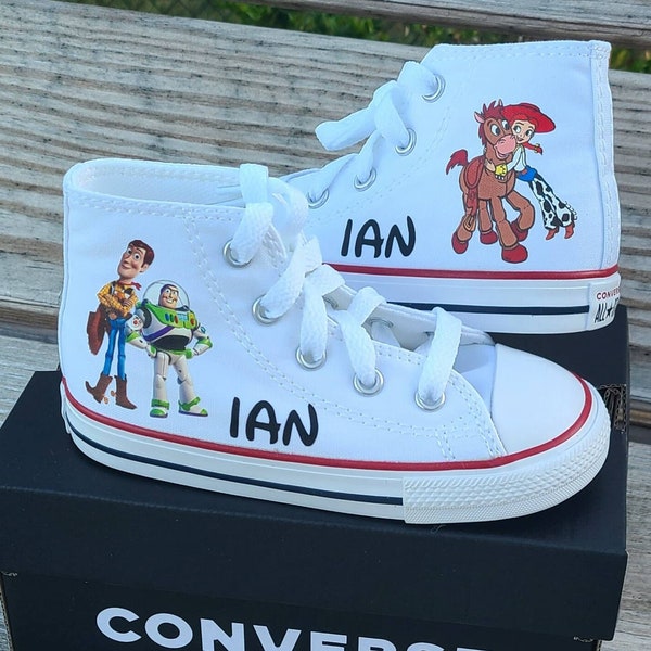 Custom Toy Story Converse, Buzz Woody Jessie Bullseye, Many Sizes and Colors, Personalized Name