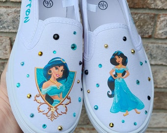 Princess Jasmine Shoes, Personalized With Bling, Slip on Sneakers, Many Sizes