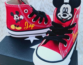 Custom Mickey Mouse Converse, Personalized Mickey Mouse Sneakers With Patches, Personalized Mickey Converse, Red High Top Converse