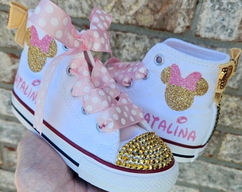 Personalized Minnie Mouse Converse, Minnie Sneakers With Bling, Baby Toddler Girls Sizes, White High Tops, Pink and Gold Glitter Mouse Head