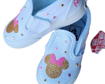 Minnie Mouse Vans, Pink and Gold Sparkle and Bling Pearls Crystals, Personalized Name