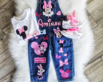 Minnie Mouse Overalls Denim Overalls For Baby Toddler Minnie  Set Any Theme Available Custom Minnie Mouse Overalls shirt Converse Shoes