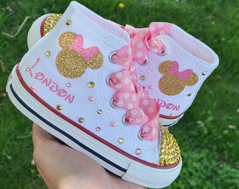 Pink and Gold Minnie Mouse Converse, High Top Sneakers, Minnie Mouse Shoes, Toddler sizes, Pearls and Crystals, Personalized Name, Glitter