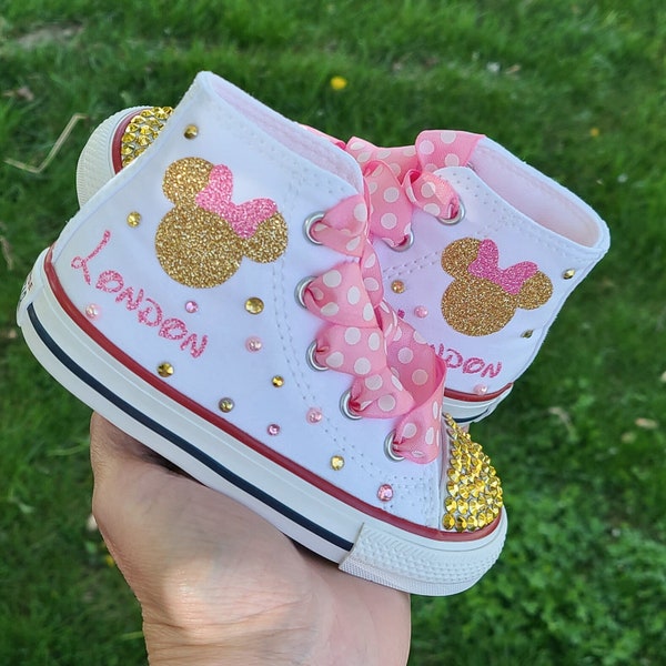 Pink and Gold Minnie Mouse Converse, High Top Sneakers, Minnie Mouse Shoes, Toddler sizes, Pearls and Crystals, Personalized Name, Glitter