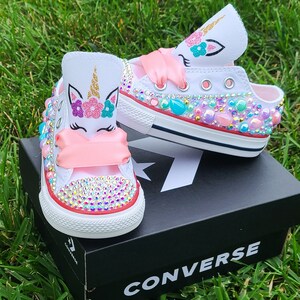 Custom Personalized Unicorn Converse, Bling Unicorn Converse For Girls, Bling Crystals Pearls Sneakers