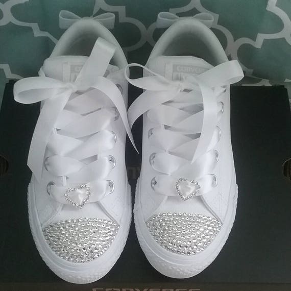 All White Converse Big Girls Crystals or Pearls Satin | Etsy