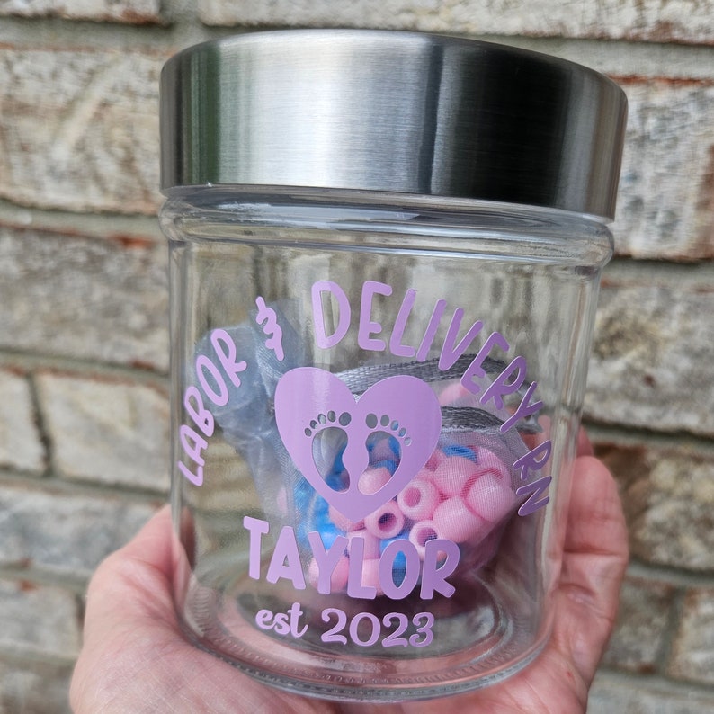 Labor and Delivery Nurse Jar With 100 Beads, RN Jar, Choose Your Font Color, Glass Jar With Lid For L&D Nurse, Ships Fast image 4