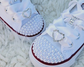 Flower Girl Converse Shoes, Personalized Pearl Converse Kids Sneakers, Bling Flower Girl Shoes