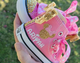 Minnie Mouse Converse, Pink and Gold, Personalized Name, Crystals, Bows, Polka Dot Laces