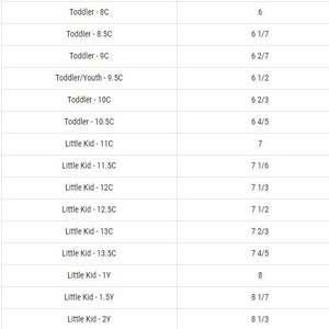 May include: A chart showing shoe sizes for toddlers and little kids. The chart lists shoe sizes from 6 to 8 1/3, with corresponding age ranges from 8C to 2Y.