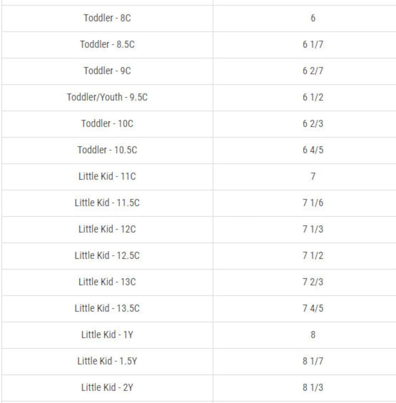 May include: A chart showing shoe sizes for toddlers and little kids. The chart lists shoe sizes from 6 to 8 1/3, with corresponding age ranges from 8C to 2Y.