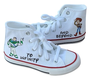 Toy Story Shoes, Black or White Converse, Boys Chucks, Buzz and Woody, Personalized Name, Toddler Kids Sizes