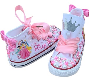 Disney Princess Shoes, Bling Converse High Tops, Personalized Sneakers, Pink White Silver Crystals and Pearls, Customized Toddler Chucks