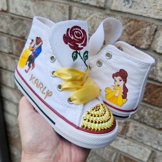 Belle Converse, Beauty and the Beast Shoes, High Top Sneakers, Many Sizes,  Bling Crystals, Personalized Name, Glitter Rose -  Israel