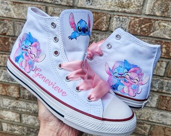 Custom Stich Converse For Girl, Personalized  Stich Sneakers, Stitch Converse, Stitch and Angel, White High Top