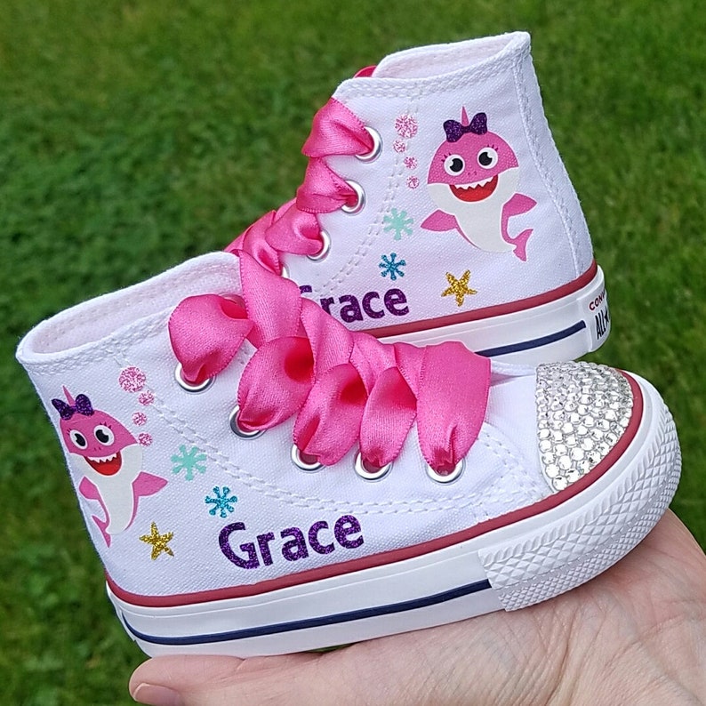 Baby Shark Shoes Pink White High Tops Personalized ...